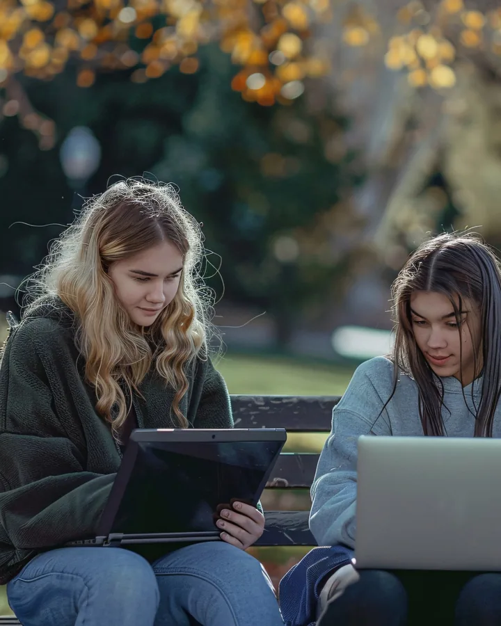 Two students studying on laptops on a park bench